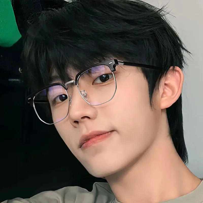 Fashion unisex square Plain glasses for men women Metal frame glasses polygon eyeglasses Gentle Black anti blue light glasses