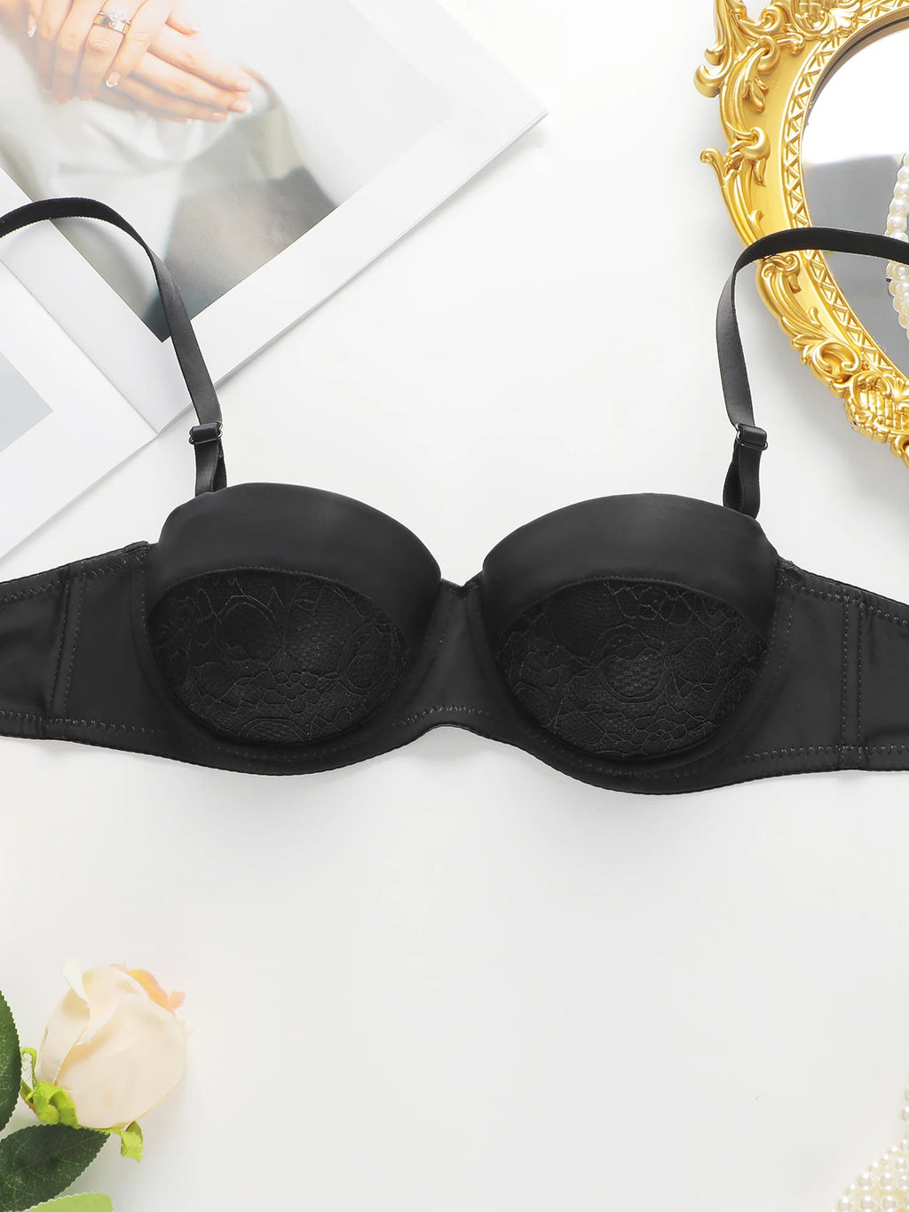 Women's sexy embroidered lace bra with steel rims gathered push up straps adjustable breathable bra B6086