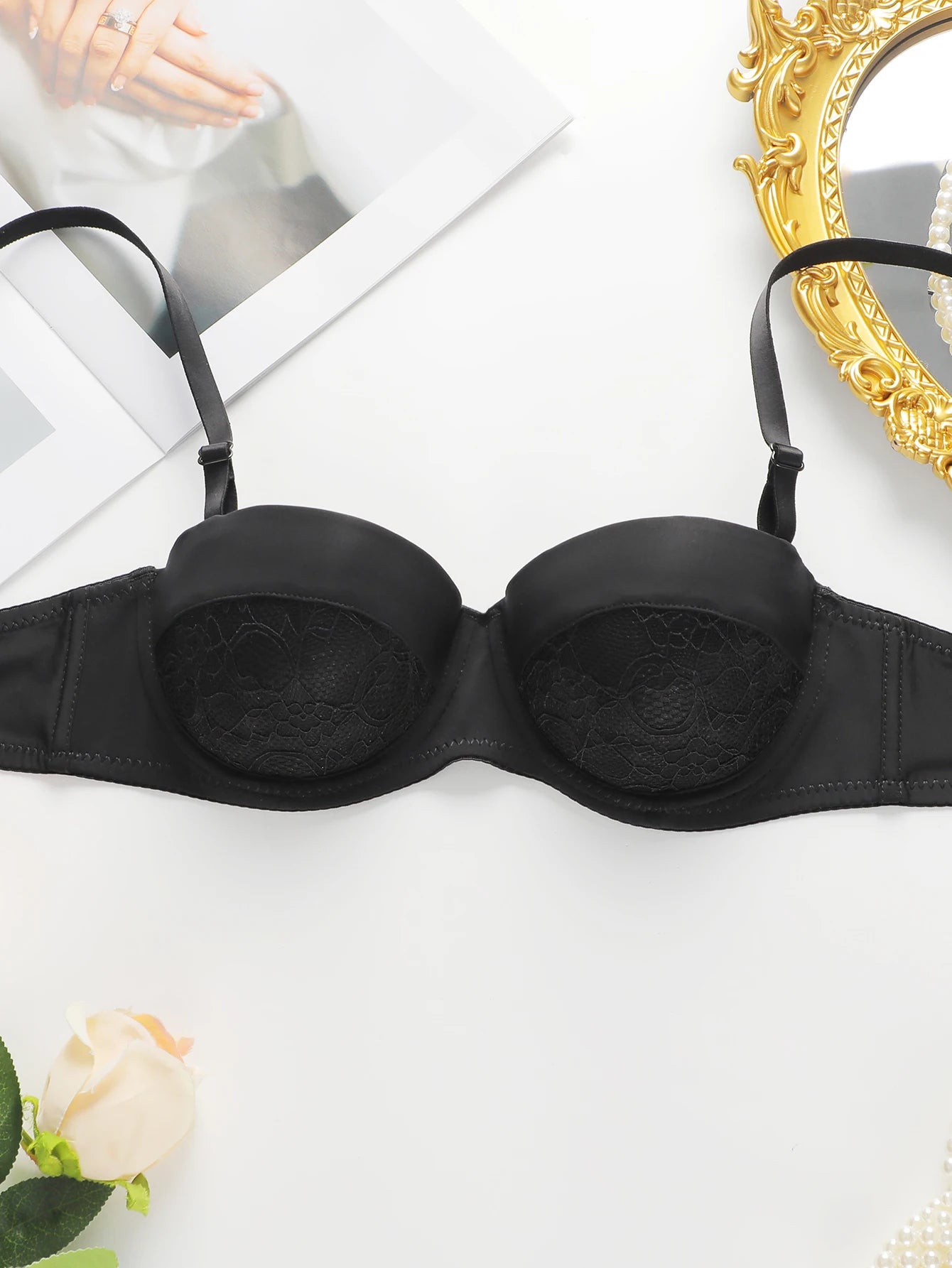 Women's sexy embroidered lace bra with steel rims gathered push up straps adjustable breathable bra B6086