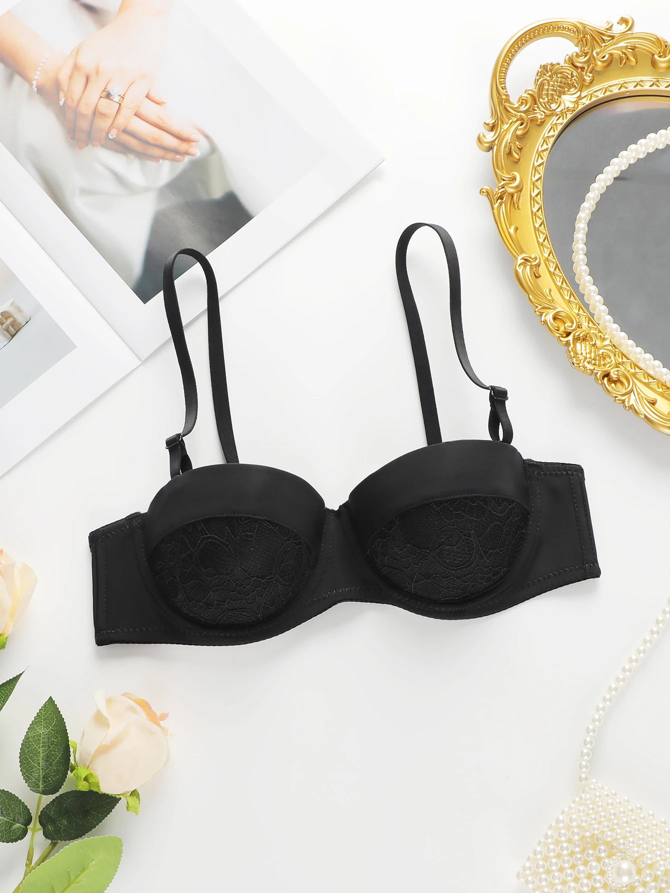 Women's sexy embroidered lace bra with steel rims gathered push up straps adjustable breathable bra B6086